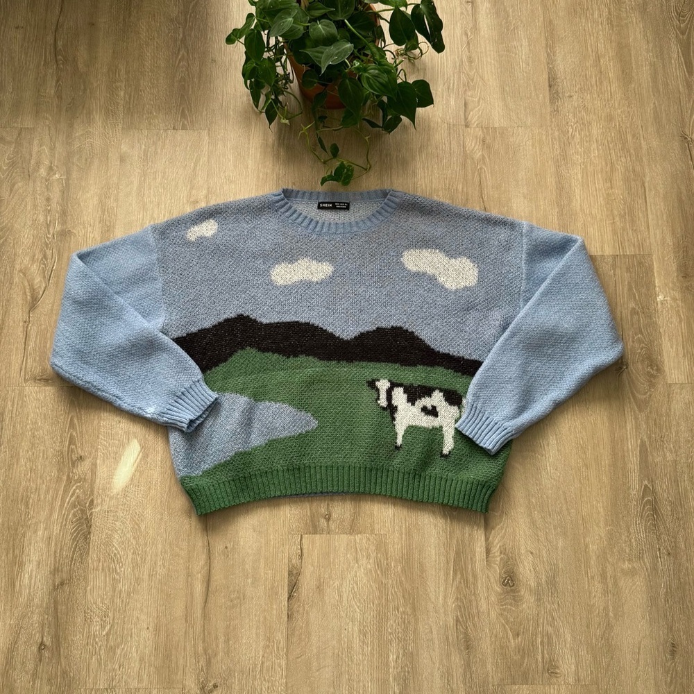 Blue Color Block Cow Pattern Drop Shoulder Sweater - Picture 2 of 7